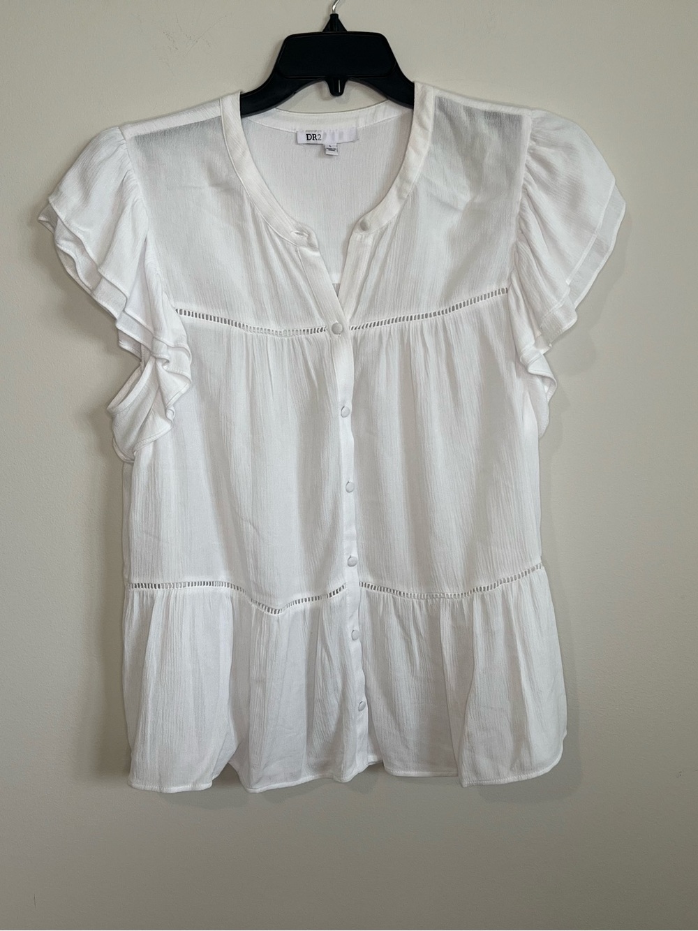 DR2 White Button-Front Ruffle Sleeve Blouse